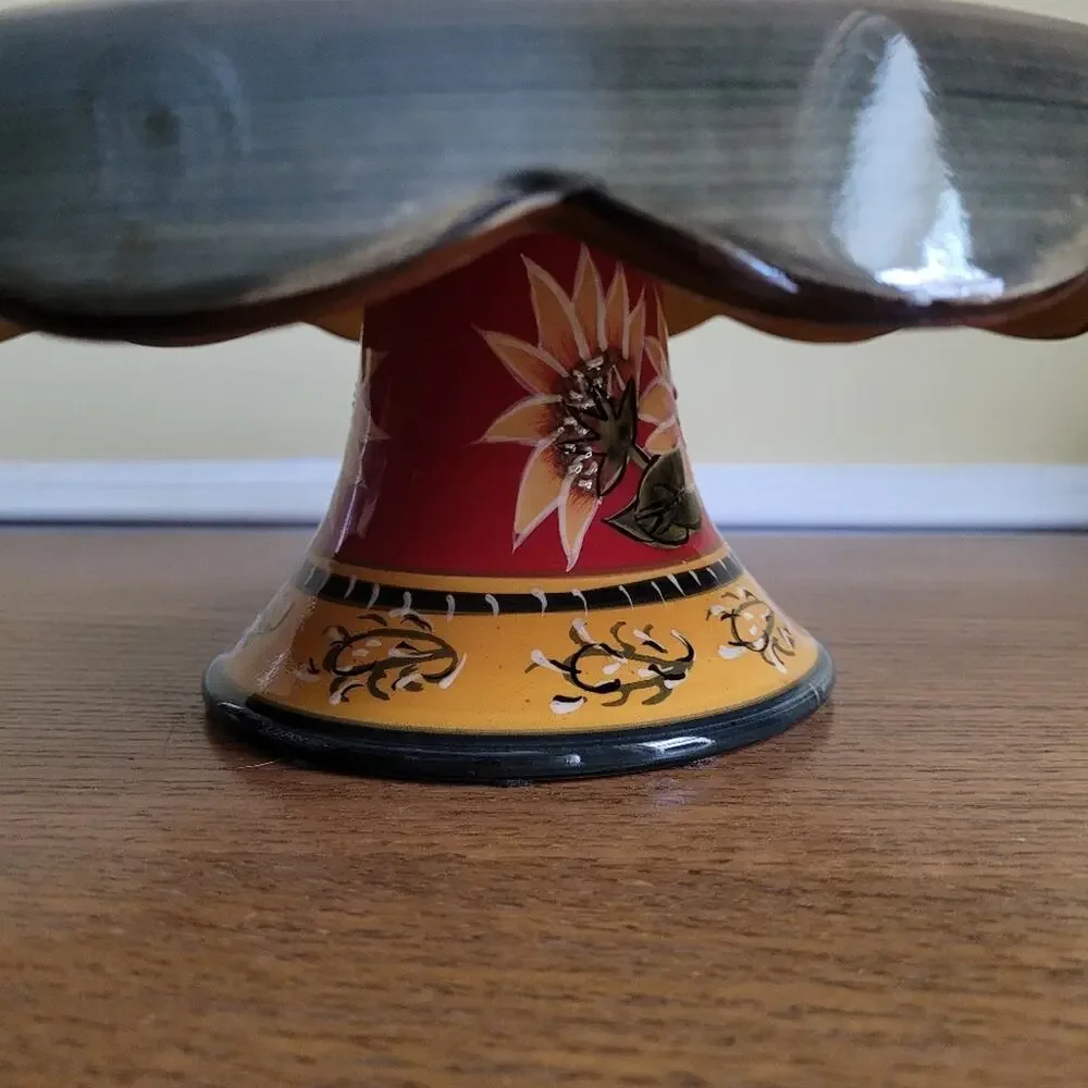 Pier 1 Imports Sunflower Hand Painted Terracotta Pedestal Harvest Cake Stand